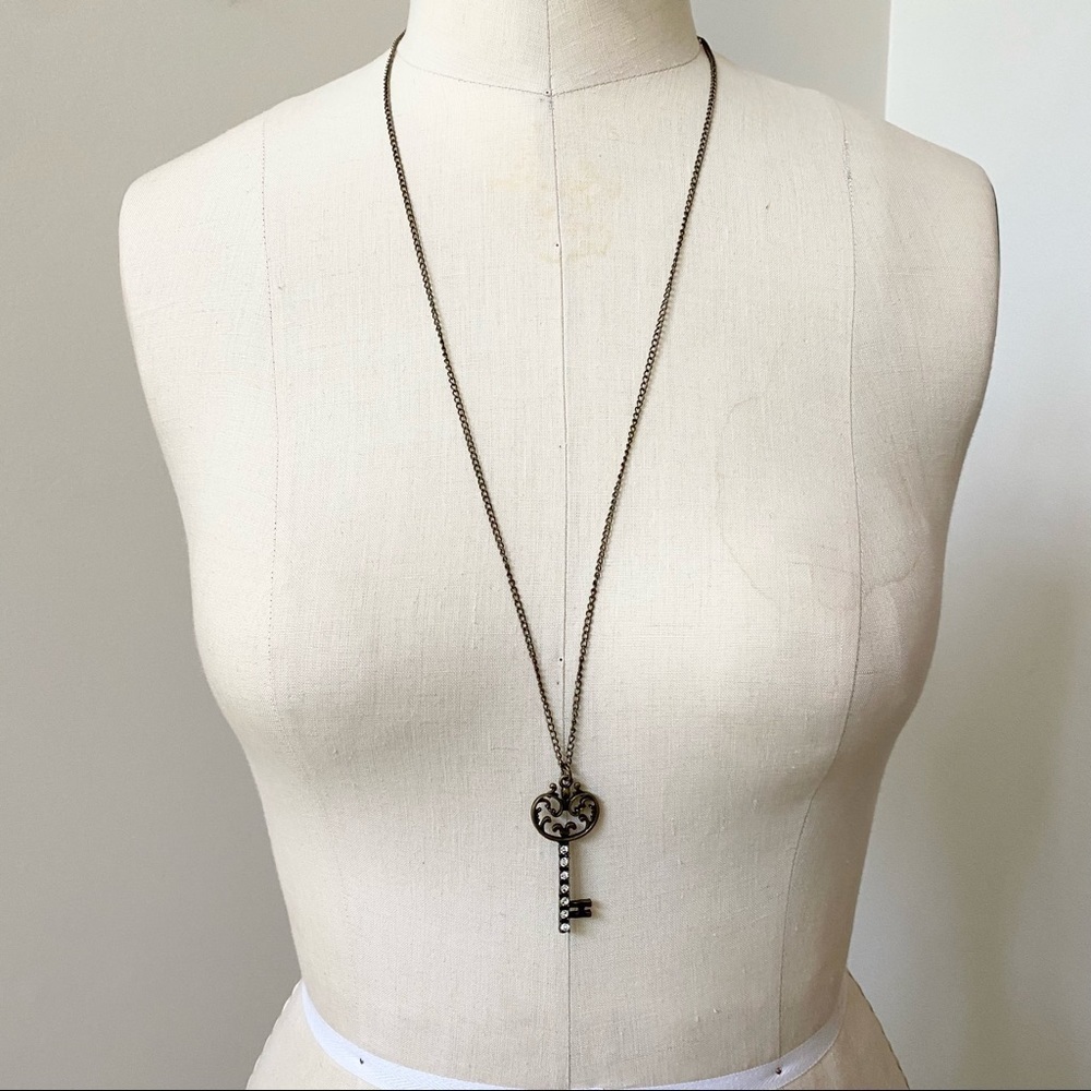 Antique Gold Tone Rhinestone Key Necklace Long